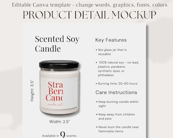 9oz Printify candle product listing mockup candle glass jar size feature list soy candle care instructions editable canva template custom