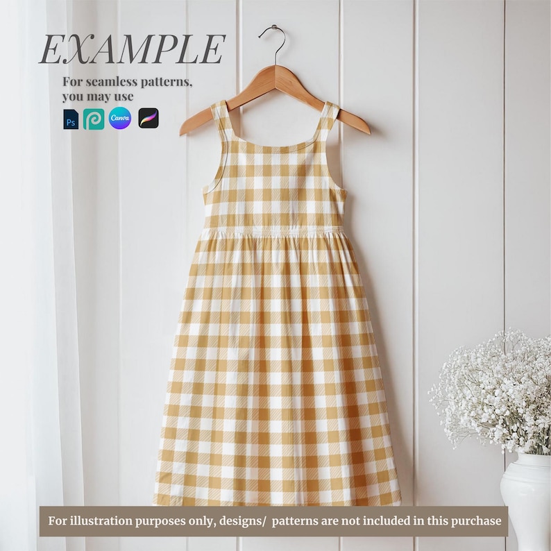 May include: A yellow and white gingham sleeveless dress hanging on a wooden hanger against a white wood panel background. The dress has a square neckline and a gathered skirt.