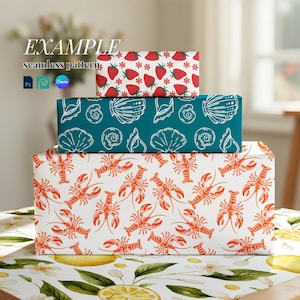 May include: Three stacked gift boxes with seamless patterns. The top box has a red strawberry pattern with white flowers. The middle box is teal with white seashells. The bottom box is white with orange lobsters. The text "EXAMPLE seamless pattern" is visible.