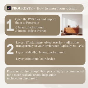 以下が含まれることがあります： 「PROCREATE - デザインの挿入方法」というタイトルのデジタルアートチュートリアル。PNGファイルをProcreateにインポートする方法について説明しており、画像背景やオブジェクトオーバーレイが含まれています。透明度の調整を提案し、リアルな結果を得るためにPhotoshop/Photopeaを推奨しています。