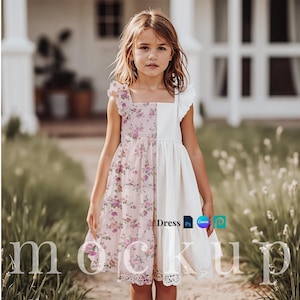 コテージコアドレスのモックアップPSD、フリルガールドレス、Canvaテンプレート、ファブリックモックアップ、アウトドアドレスのPSD、シームレスパターンドレスのデジタルドレスPNG