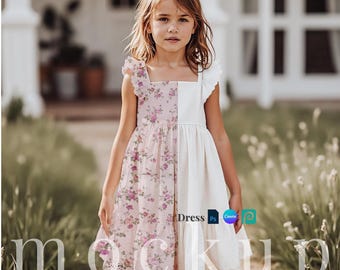 Cottagecore dress mockup PSD ruffle girl dress Canva template fabric mockup outdoor dress PSD digital dress for seamless pattern dress PNG