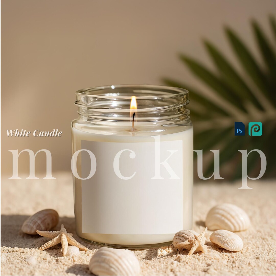 Seashell White Candle Mockup PSD Seaside 9oz Candle Label Mockup Soy ...