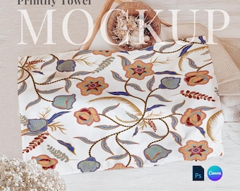 Printify tea towel mockup boho drag and drop dish cloth canva template rustic linen PSD smart object table towel minimal flatlay digital AOP