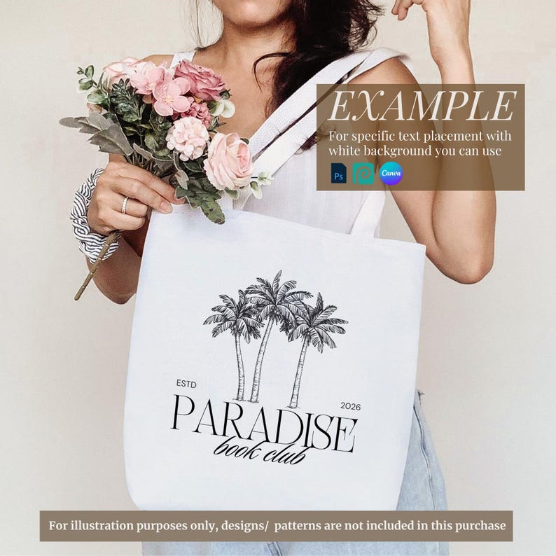 May include: White tote bag with a black and white illustration of palm trees and the text "ESTD 2026 PARADISE book club".
