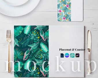 Placemat coaster mockup PSD minimal placemat Procreate coaster mockup flatlay placemat Canva mockup matching coaster mockup seamless pattern