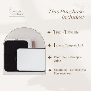 May include: A digital product listing for a laptop mockup template. The image shows a black and white laptop mockup with the text "This Purchase Includes: 1 PSD + 1 PNG File, 1 Canva Template Link, Photoshop / Photopea guide, Unlimited 1-1 support via Etsy message".