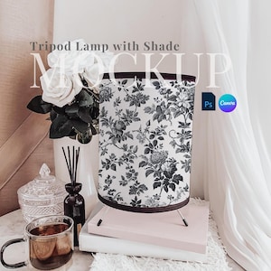 Printify Tripod Lamp with shade mockup drag and drop elegant lamp shade canva white lamp tripod PSD smart object lamp light digital overlay