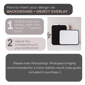 May include: A graphic illustration showing how to insert a design into a laptop sleeve using a photo editing program. The steps are numbered 1 and 2. Step 1 shows how to drag and drop the design and send it to the back. Step 2 shows how to adjust the transparency. The text also states that Photoshop or Photopea is highly recommended for a more realistic result.