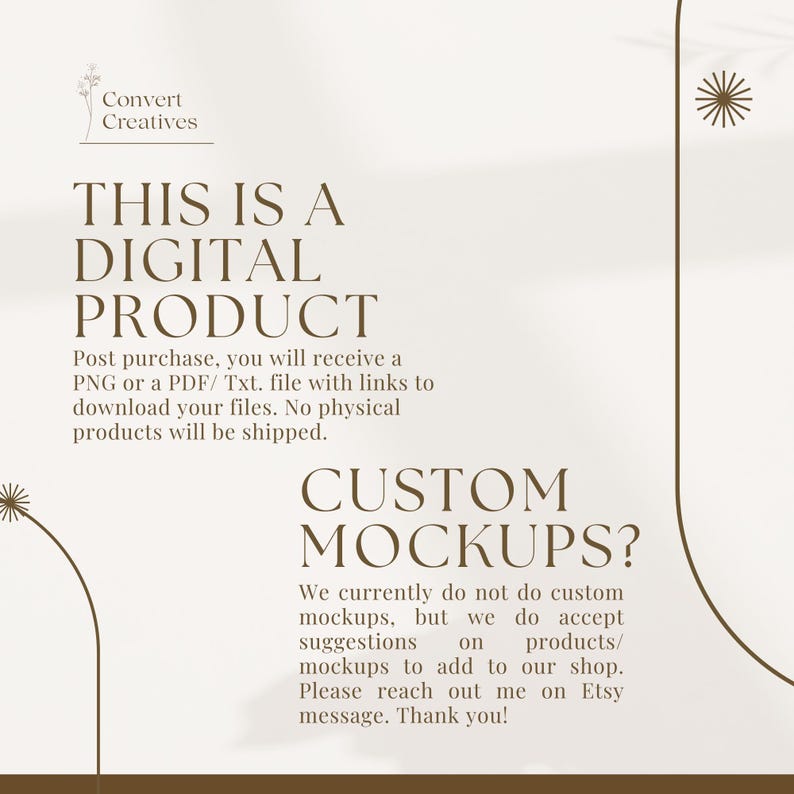 May include: A digital product announcement with the text "This is a digital product" and "Custom Mockups?"  The text explains that the product is a digital download and that custom mockups are not currently available.