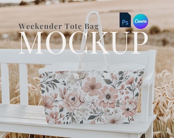 Printify Weekender bag mockup drag and drop outdoor weekender tote canva rustic tote bag PSD smart object fields nature travel bag digital
