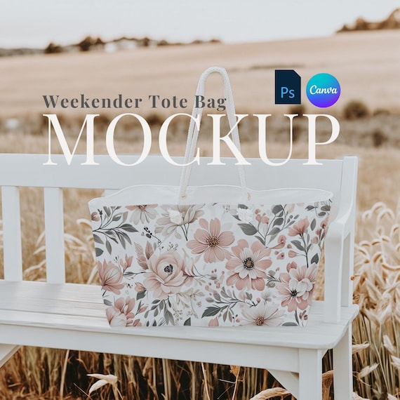 Printify Weekender bag mockup drag and drop outdoor weekender tote canva rustic tote bag PSD smart object fields nature travel bag digital