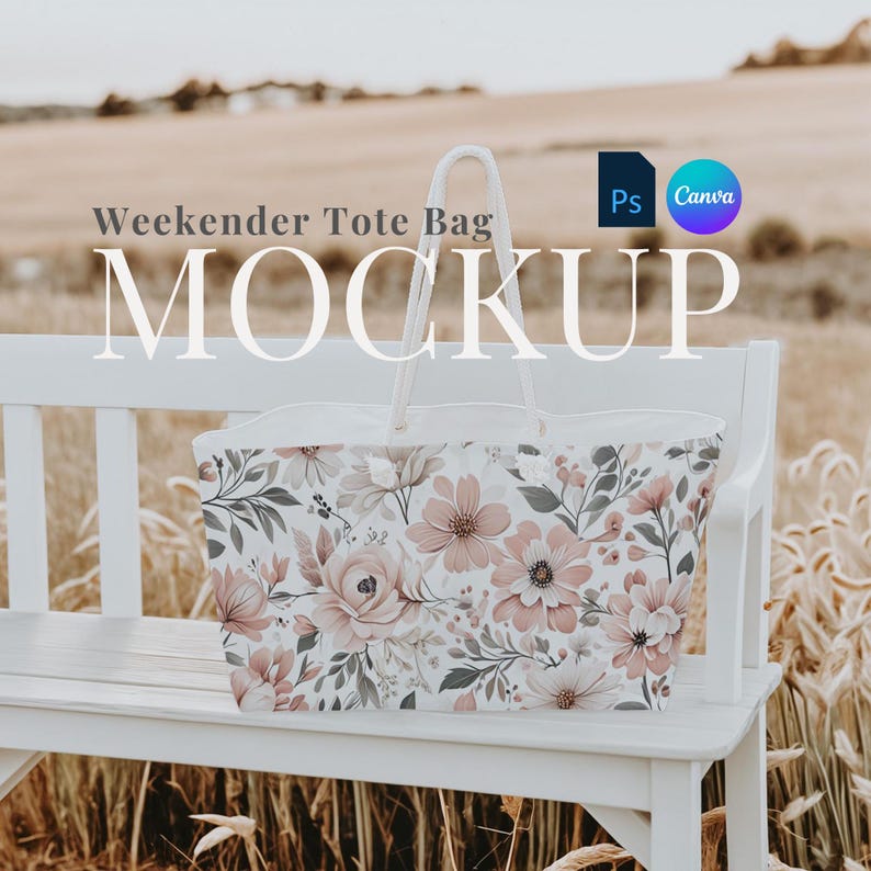 May include: A white canvas tote bag with a floral print sits on a white bench. The bag has two handles and is a great option for carrying everyday essentials.