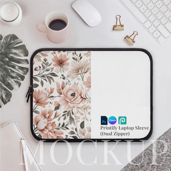 Printify laptop sleeve dual zipper mockup feminine drag and drop canva Printify tablet sleeve PSD smart object laptop cover flatlay table