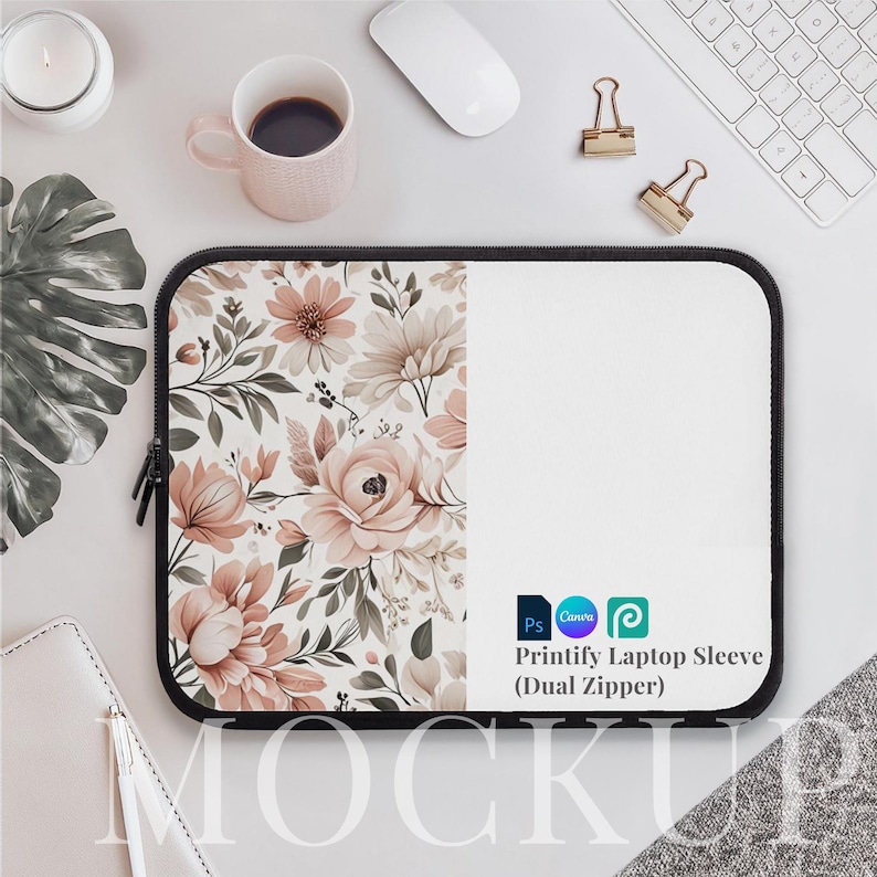 May include: A laptop sleeve with a floral design in shades of pink, brown, and green. The sleeve has a white background with the text "Printify Laptop Sleeve (Dual Zipper)" in black. The text "Ps Canva P" is also visible in the image.