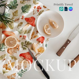 Printify mockup de pano de prato toalha de cozinha arrastar e soltar modelo canva toalha de mesa PSD objeto inteligente pano de prato close up toalha flatlay