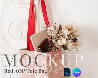 Printify Red Handle AOP Tote Bag Mockup drag and drop tote bag canva template PSD smart object tote bag mockup digital overlay tote bag AOP