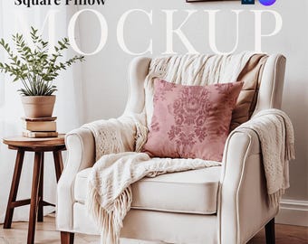 Weißes quadratisches Kissen Mockup Sessel Kissen ziehen und fallen lassen Indoor-Kissen Canva Vorlage PSD Smart Objekt Kuschelkissen PNG Overlay