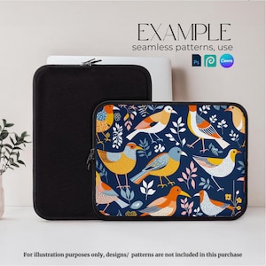 May include: A black laptop sleeve with a zipper closure. The sleeve is decorated with a colourful pattern of birds and flowers on a dark blue background. The text "EXAMPLE seamless patterns, use Canva Ps" is visible on the image.