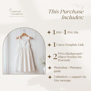May include: A white dress hanging on a wooden hanger against a white wall. The dress has a simple design with a square neckline and a gathered skirt. The image includes text that says "This Purchase Includes:" and lists the digital files included in the purchase.