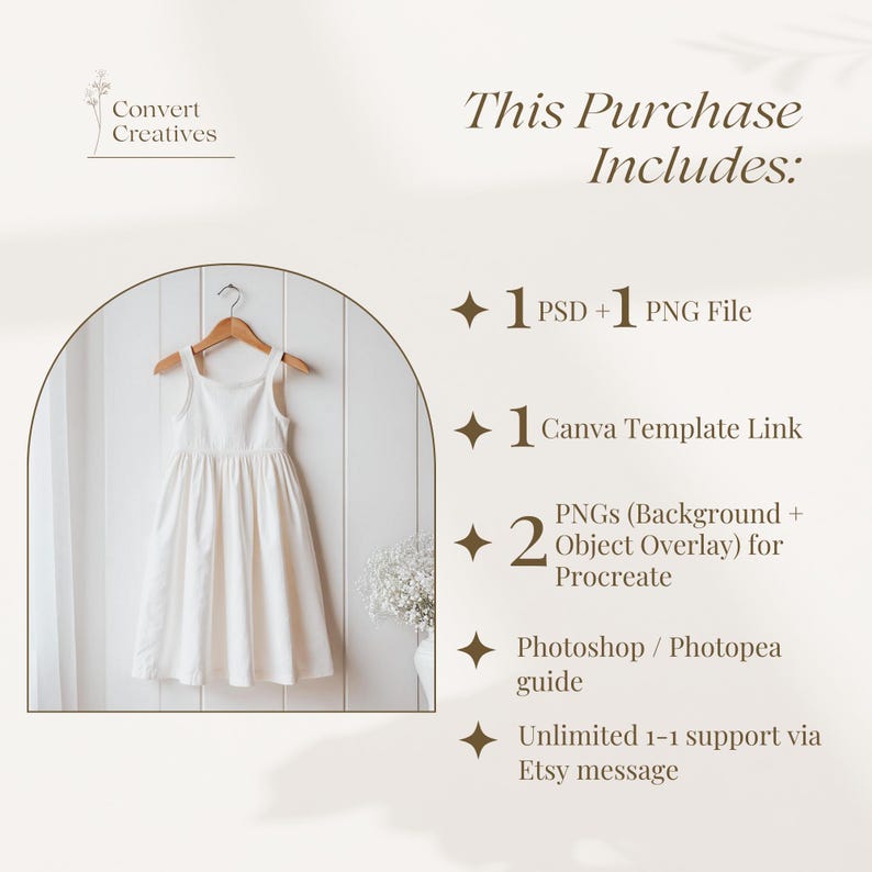May include: A white dress hanging on a wooden hanger against a white wall. The dress has a simple design with a square neckline and a gathered skirt. The image includes text that says "This Purchase Includes:" and lists the digital files included in the purchase.