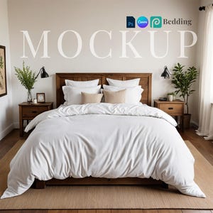 May include: White bedding mockup on a bed with a wooden headboard. The bed is in a bedroom with a white wall and a wooden floor. The text "MOCKUP" is written on the wall above the bed.