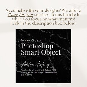 Może przedstawiać: Czarno-biała grafika z tekstem "Mockup Support Photoshop Smart Object Add-on listing" i tekstem "Applies to all existing & future PSD mockups in this shop. Limited time promotion."