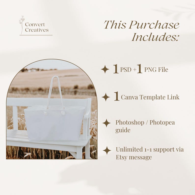 May include: A white tote bag sitting on a white bench in a field of wheat. The text "This Purchase Includes:" is displayed with a list of items included in the purchase: 1 PSD + 1 PNG File, 1 Canva Template Link, Photoshop / Photopea guide, Unlimited 1-1 support via Etsy message.