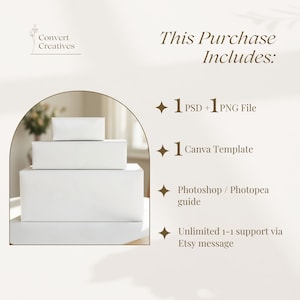 May include: A stack of four white rectangular boxes of varying sizes, arranged in a tiered fashion. The image includes text that reads "This Purchase Includes: 1 PSD + 1 PNG File, 1 Canva Template, Photoshop/Photopea guide, Unlimited 1-1 support via Etsy message."