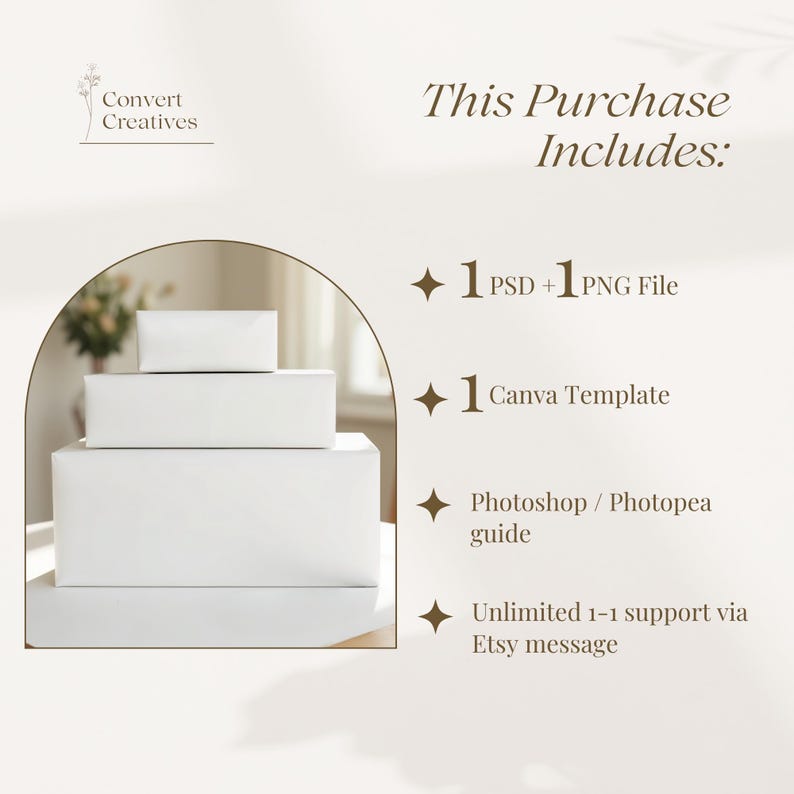 May include: A stack of four white rectangular boxes of varying sizes, arranged in a tiered fashion. The image includes text that reads "This Purchase Includes: 1 PSD + 1 PNG File, 1 Canva Template, Photoshop/Photopea guide, Unlimited 1-1 support via Etsy message."
