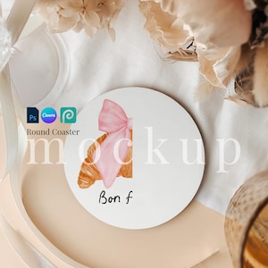 Round coaster mockup styled coaster photo drag and drop drink coaster flatlay trendy coaster Canva feminine coaster mockup round coaster PSD