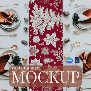 May include: A red table runner with a white floral pattern. The text "Table Runner Mockup" is printed on the runner. The runner is displayed on a white table setting with plates, silverware, and glasses.