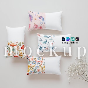 May include: Four rectangular cushions with different patterns. One displays unicorns and butterflies on pink. Another has a mushroom and foliage design. A third features a nautical theme with whales and boats. The last has a floral pattern.