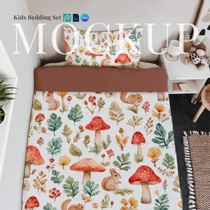 Barnsängkläder mockup täcke dra och släpp sängkläder canvas mall småbarnskudde PSD neutral täcke mock sömlöst mönster digitalt täcke