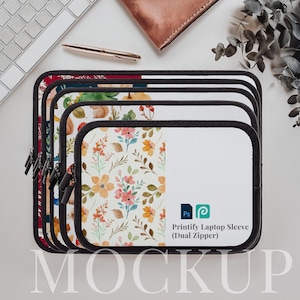 May include: A set of five laptop sleeves with different floral and geometric patterns. The sleeves are black with a zipper closure. The text on the sleeve reads "Printify Laptop Sleeve (Dual Zipper)".