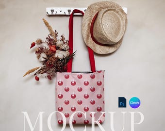 Red handle AOP Tote Bag Mockup drag and drop Printify Red Tote canva template Rustic farm bag PSD smart object red handle tote bag overlay