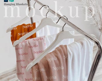 Set of 3 hanging minky blankets PSD smart object digital velveteen plush blankets mockup elegant nursery blankets template 3 blankets png