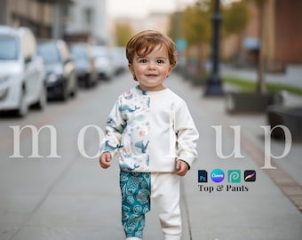 Toddler Boy top and pants mockup PSD boy streetwear Canva template fabric mockup outdoor top and pants toddler boy PSD seamless pattern png