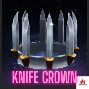 Könnte beinhalten: Digitale Illustration einer Krone aus Messern. Die Krone ist silberfarben mit goldenen Akzenten und vor dunklem Hintergrund. Der Text "KNIFE CROWN" wird in pinkfarbener Neon-Schrift angezeigt.