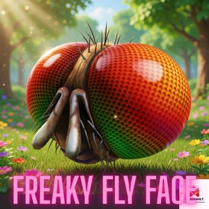 May include: A vibrant, digitally rendered image of a fly's face, featuring large, multi-colored eyes with red, orange, and green hues. The text "FREAKY FLY FACE" is displayed in pink at the bottom, with a logo in the bottom right corner.