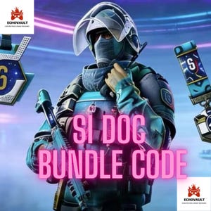 Op de afbeelding: Digitale illustratie van een personage in een futuristisch gevechtspak, met helm en masker. De tekst "SI DOG BUNDLE CODE" is roze weergegeven. De afbeelding bevat spelgerelateerde accessoires en logo's.