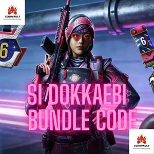 May include: A digital illustration featuring a character from a video game holding a rifle. The character is wearing a red and black outfit with red-tinted glasses. The text "SI DOKKAEBI BUNDLE CODE" is overlaid in pink. The image includes the Echovault logo.