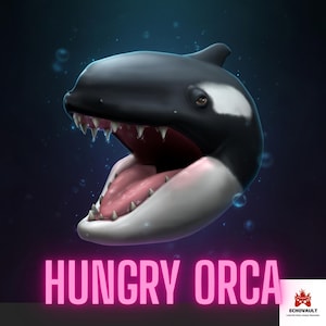 Könnte beinhalten: Eine digitale Illustration eines hungrigen Orcas mit weit geöffnetem Maul, das scharfe Zähne und eine rosa Zunge zeigt. Der Orca ist schwarz und weiß, vor einem dunkelblauen Hintergrund mit Blasen. Der Text "HUNGRY ORCA" ist in pinkfarbenem Neon dargestellt.