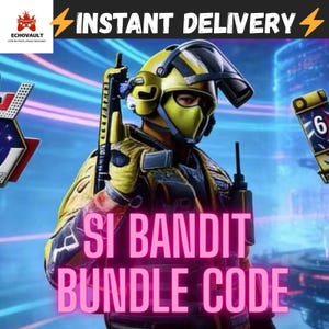 Può includere: Immagine di un personaggio in tuta e casco tattico giallo e nero, con un'arma. Il testo "SI BANDIT BUNDLE CODE" è in rosa. Le parole "INSTANT DELIVERY" sono in alto.