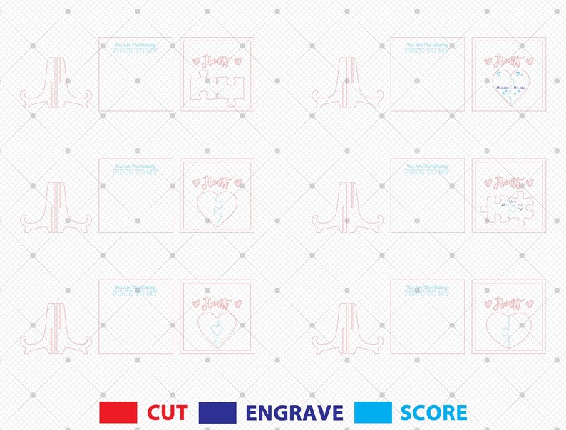 Puede incluir: Dise&ntilde;os cortados con l&aacute;ser con motivos de coraz&oacute;n y piezas de rompecabezas, la palabra "Family" y la frase "You are the missing piece to me." Los dise&ntilde;os son en rojo, azul y celeste, con soportes de exhibici&oacute;n.