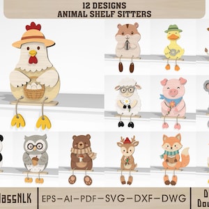 Könnte beinhalten: Eine Sammlung von 12 Holzfiguren von Tieren zum Aufstellen auf einem Regal. Jedes Tier hat hängende Beine und ist mit einzigartigen Details gestaltet. Die Tiere umfassen ein Huhn, einen Hamster, eine Ente, eine Kuh, ein Schaf, ein Schwein, einen Koala, einen Panda, eine Eule, einen Bären, ein Reh und einen Fuchs.