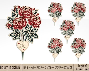 Rose Bouquet SVG, Valentine’s Day Wooden Flower Decor, Personalized Heart Message Laser Cut Files, Romantic Gift Digital Download