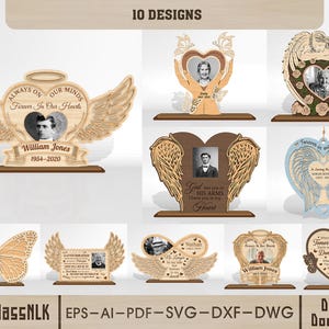 Könnte beinhalten: Eine Sammlung von zehn Holz-Gedenkdesigns, jeweils mit einem Fotorahmen mit Engelsflügeln, Herzen oder Schmetterlingsmotiven. Die Designs enthalten Texte wie "Always on our minds" und Namen mit Daten. Das Bild enthält auch den Text "Digital Download".