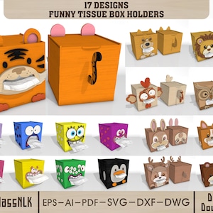 May include: A collection of 17 whimsical tissue box holders, each designed with a unique animal or character theme. The boxes are various colors, including orange, blue, yellow, and purple, and feature cartoon-like faces and details. The text "17 DESIGNS FUNNY TISSUE BOX HOLDERS" is at the top.
