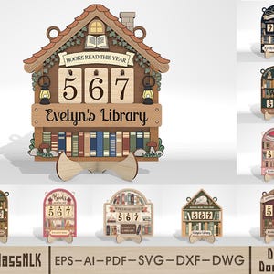 May include: A wooden library-themed book counter with the text "Books Read This Year" and the number "567". The counter has a house-shaped design with a bookshelf, lanterns, and the name "Evelyn's Library".